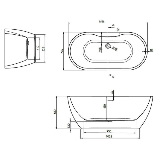 The White Space Senna Double Ended Oval Freestanding Bath 1555mm x 745mm - White - Bathroom Shack