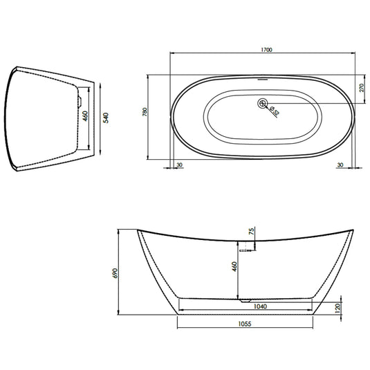 The White Space Sulis Double Ended Oval Freestanding Bath 1700mm x 780mm - White - Bathroom Shack
