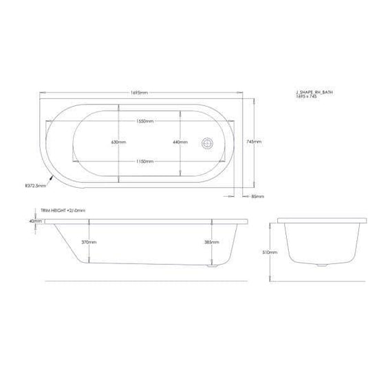 Trojan 1700mm J Shape Trojancast Bath & Panel (RH) - Bathroom Shack