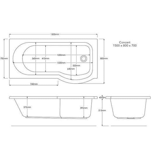 Trojan Concert Compact P Shape 1500mm Shower Bath with Panel & Screen (RH) - Bathroom Shack
