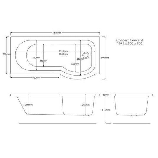 Trojan Concert Compact P Shape 1675mm Shower Bath with Panel & Screen (RH) - Bathroom Shack
