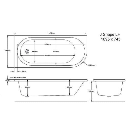 Trojan J Shape 1700 x 750mm 8 Jet Whirlpool Bath & Waste (LH) - Bathroom Shack