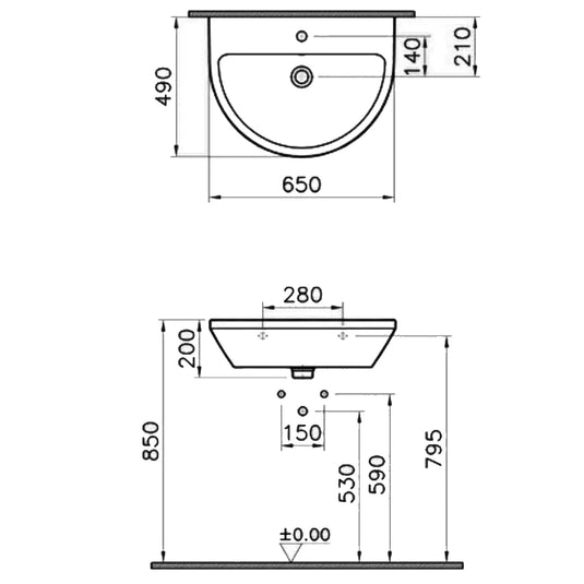 Vitra Integra Wall Hung Basin 650mm Wide - 1 Tap Hole - Bathroom Shack