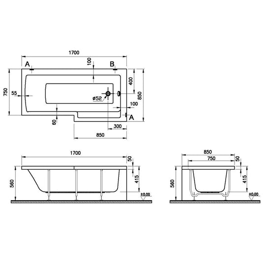 Vitra Neon L-Shaped Shower Bath Left Handed 1700mm x 750mm/850mm - 0 Tap Hole - Bathroom Shack